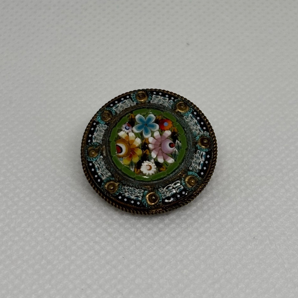 Vintage Micro Mosaic Floral Brooch Pin Geometric Border Italy